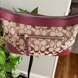 Coach Signature Canvas Shoulder Bag - Burgundy and Tan